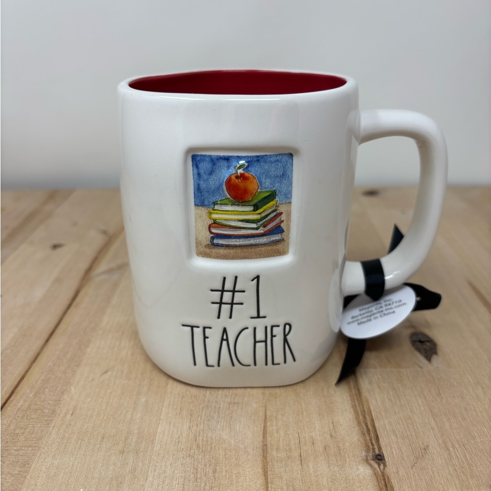 Rae Dunn #1 Teacher Mug White Red Interior with Black Lettering Etched Decor New